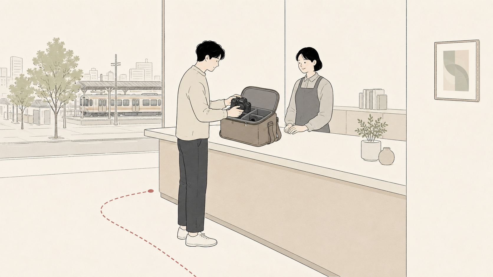 店舗カウンターでカメラを受け取り確認する場面
