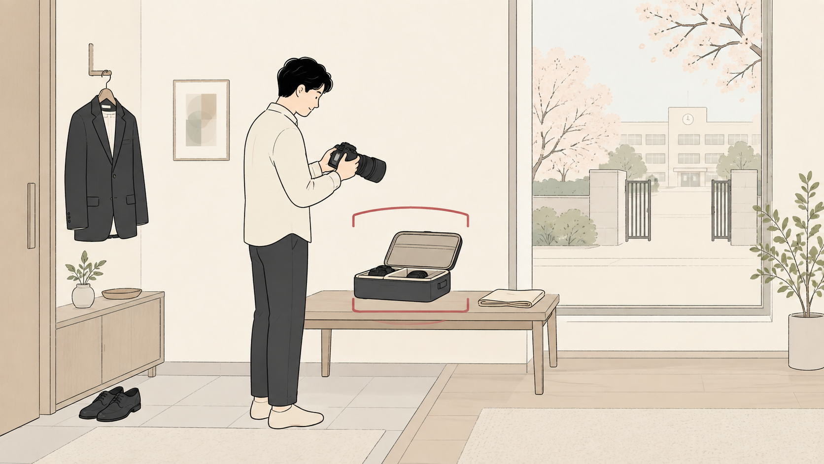 学校行事の前にカメラとズームレンズのセットを準備する場面