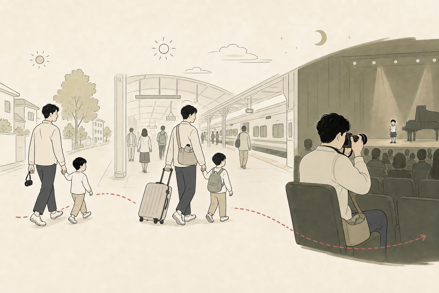 同じ親子が日常、子連れ旅行、暗い屋内行事を過ごす一日の場面
