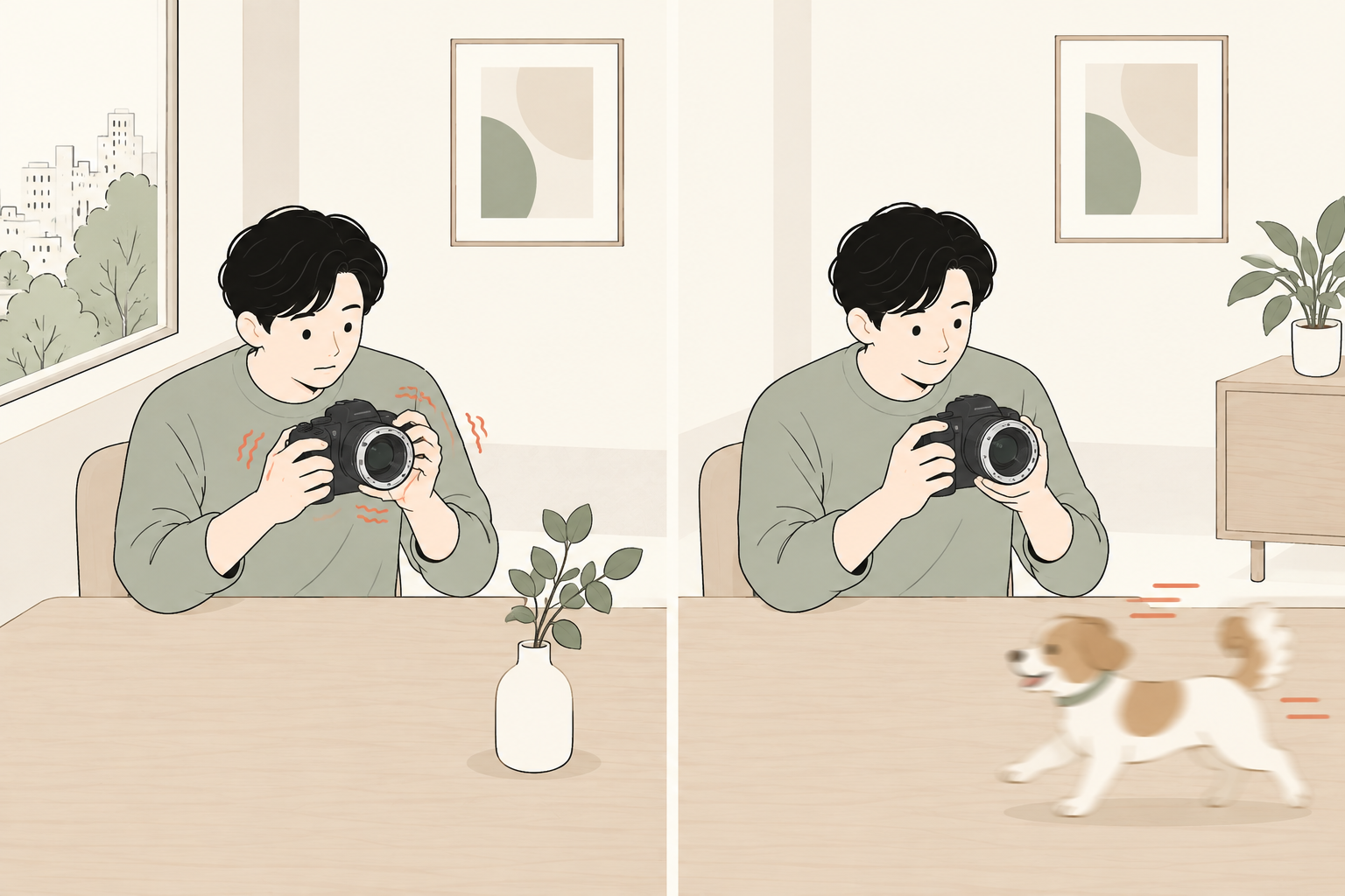 カメラの手ブレと歩く犬の動きを分けて示す