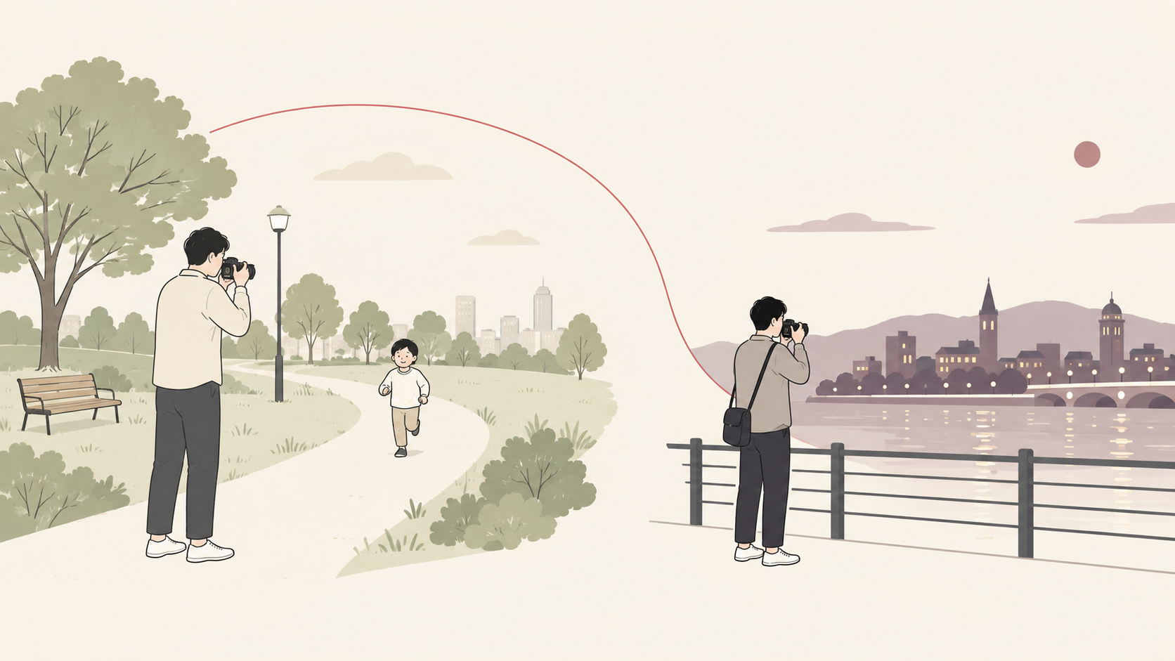 日中の動く子どもと夕方の静かな街並みを撮る場面の比較