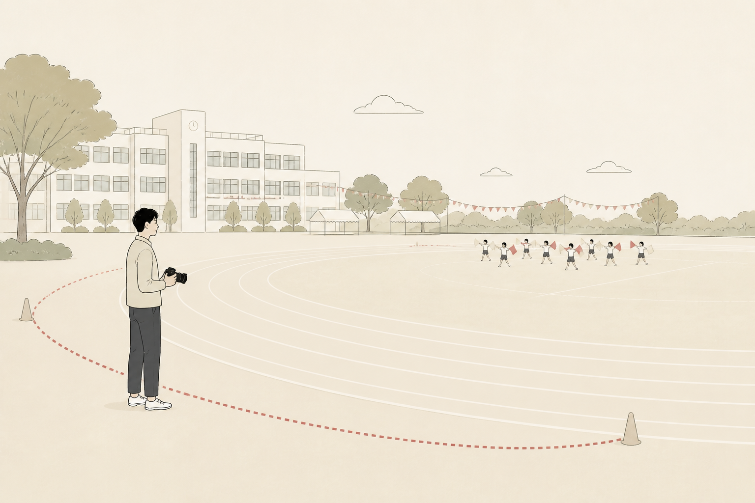 運動会の競技に合わせて撮影位置を決める様子