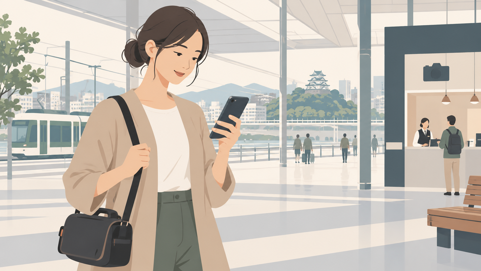 広島駅の近くでスマートフォンの登録状況を確認する人のイラスト
