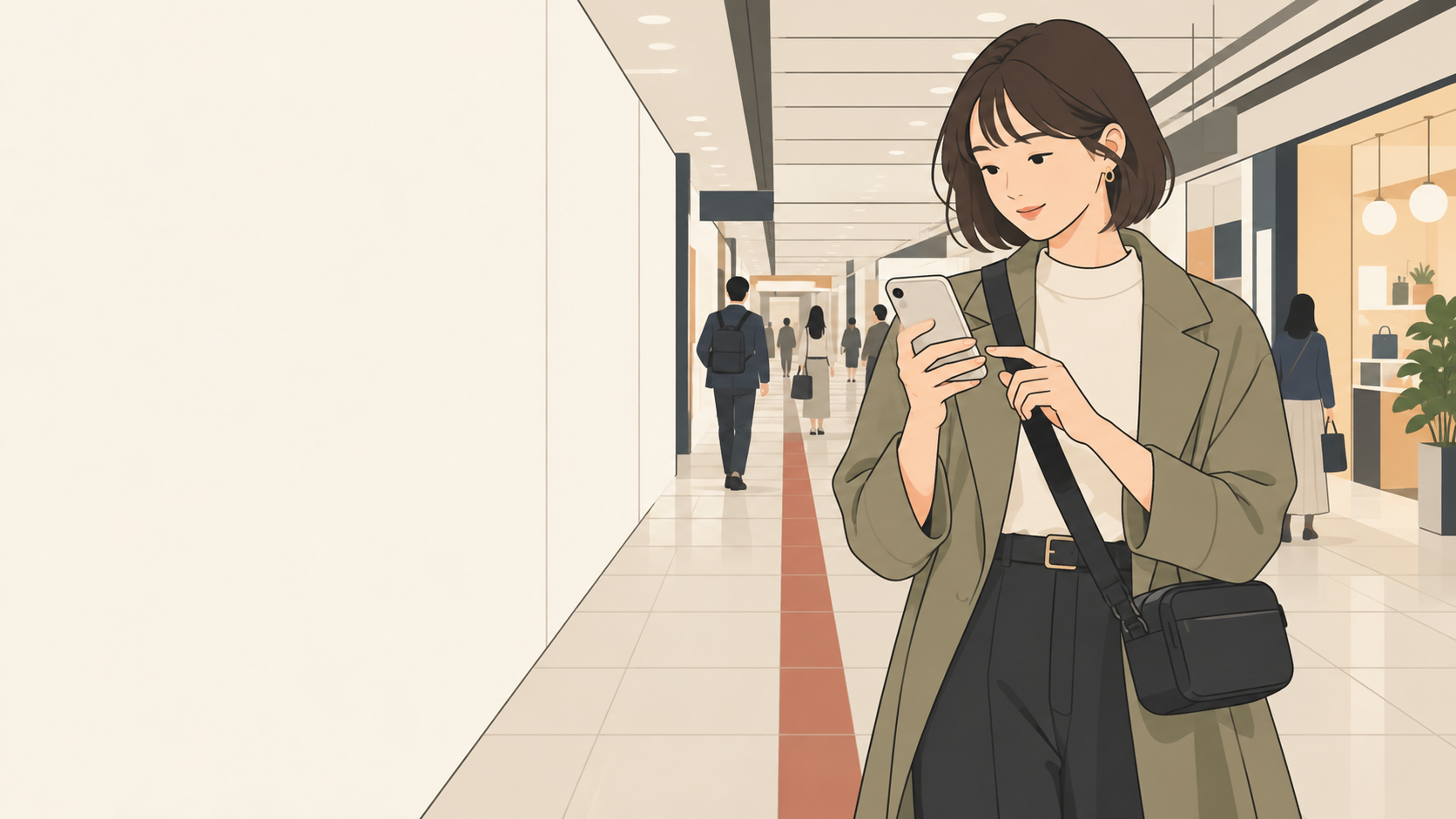 三宮の地下街でスマートフォンの予約内容を確認する人のイラスト