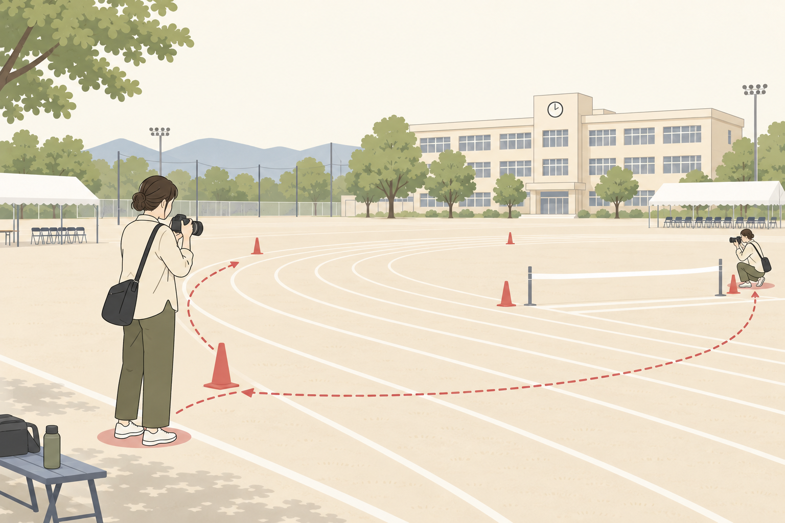 運動会の開始前に撮影位置と子どもまでの距離を確認する