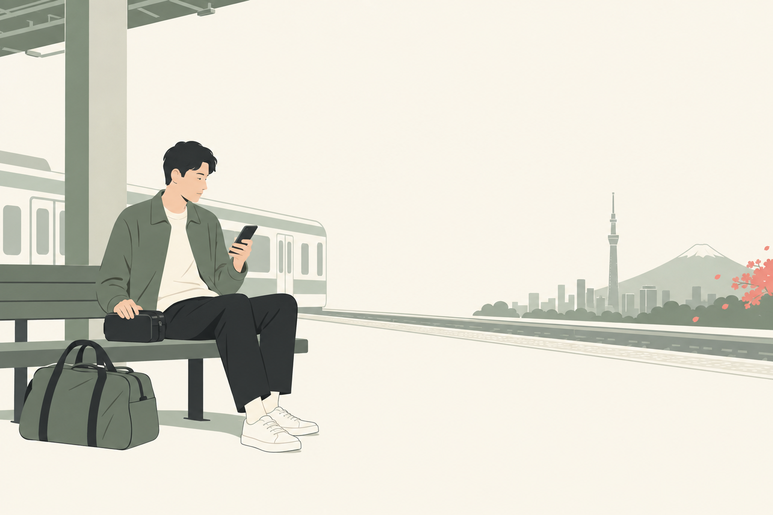 駅で予定とカメラケースを確認する旅行者のイラスト