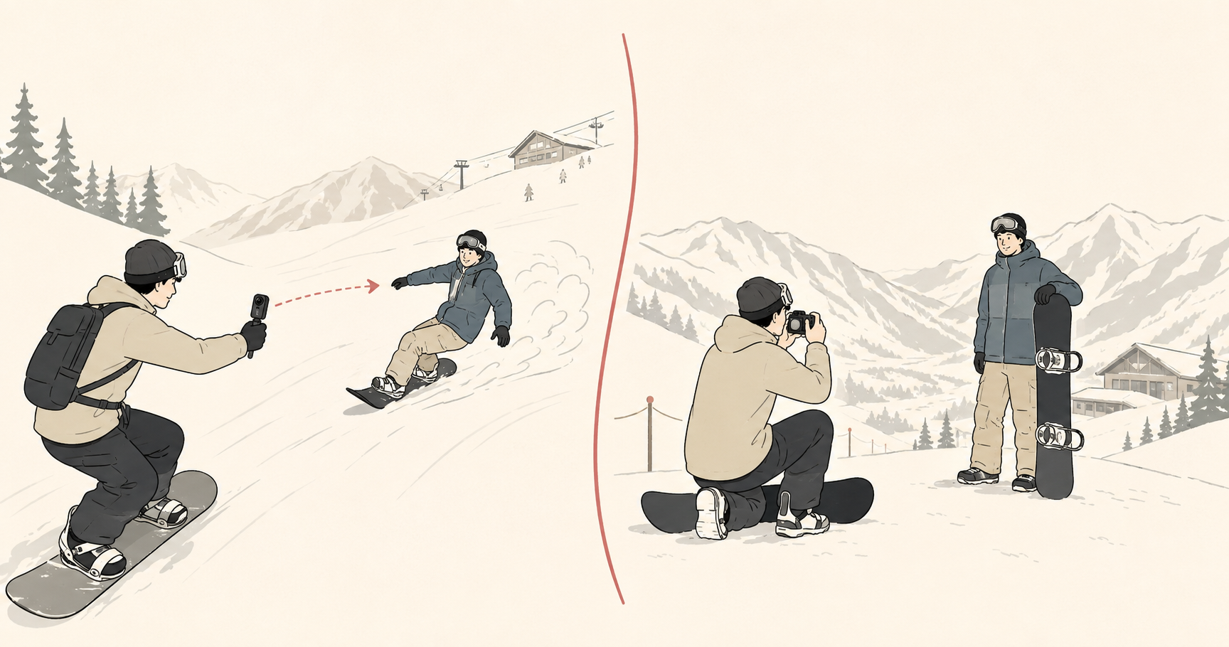雪山で動画を撮る人と写真を撮る人の比較