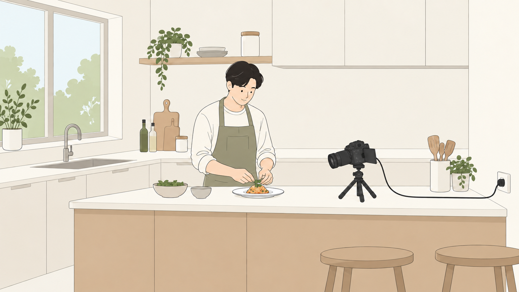 料理と手元へカメラを向け、卓上三脚と給電ケーブルを使う撮影環境