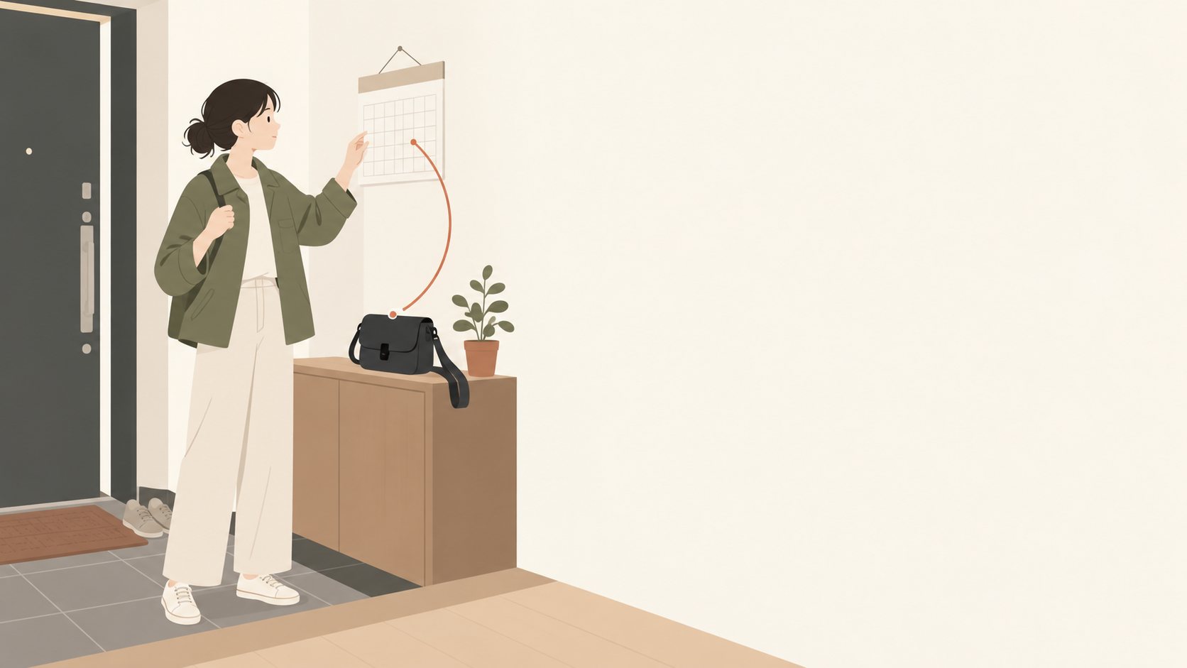 外出前に予定とカメラバッグを確認する人