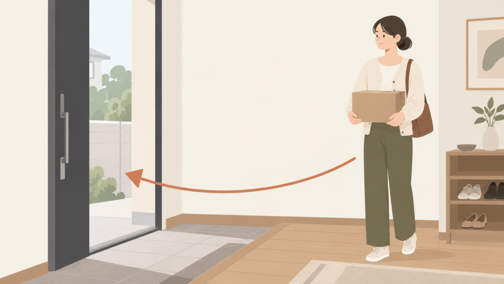 返送する箱を抱えて玄関で出発の準備をする人