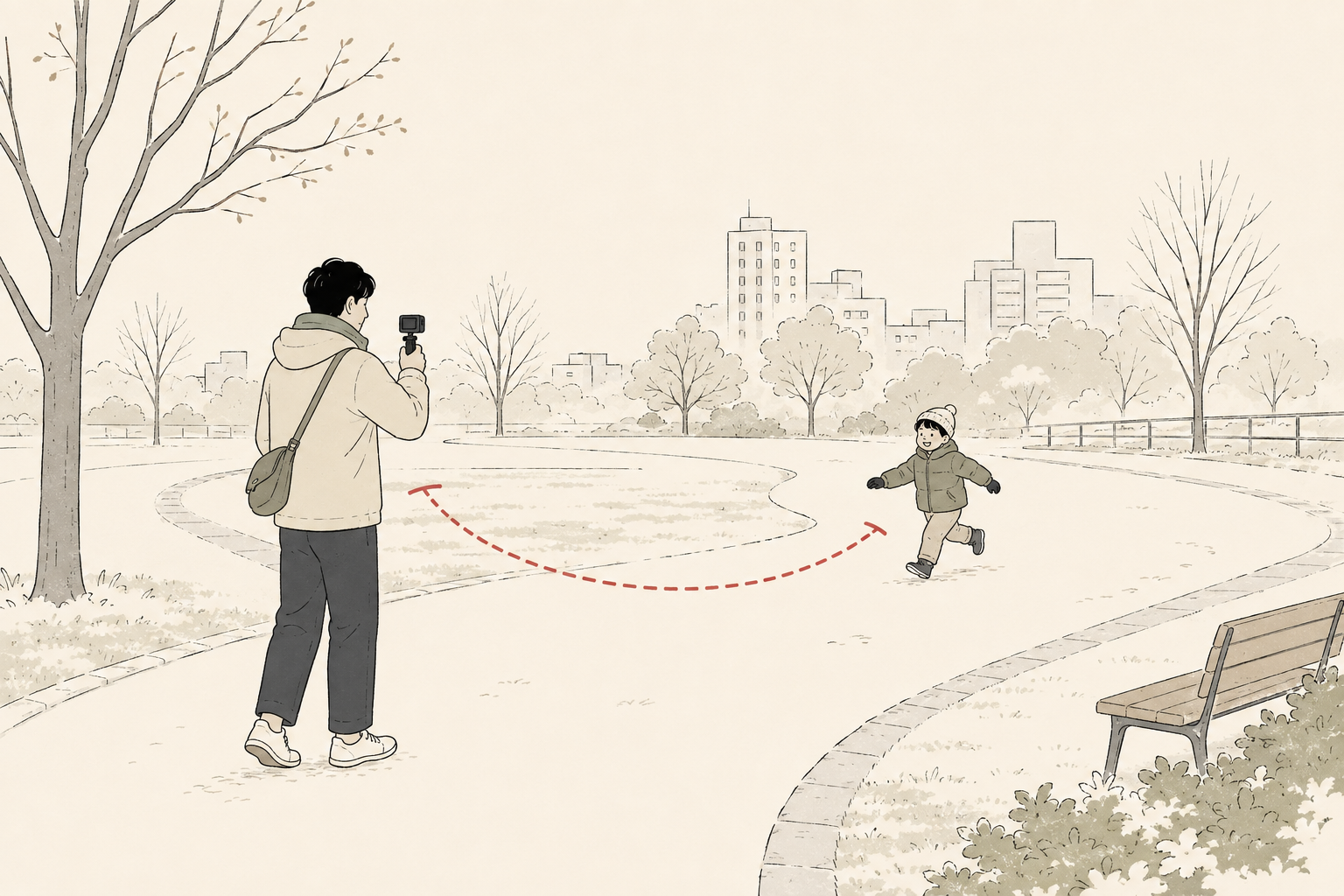 冬の家族旅行でアクションカメラを使う親のイラスト