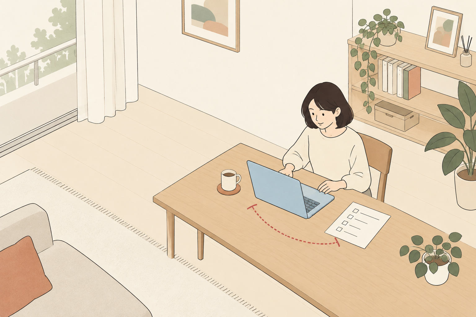 自宅でMacBookを試す成人のイラスト