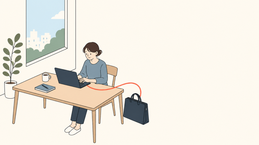 自宅で借りたノートPCを使って仕事をする成人のイラスト