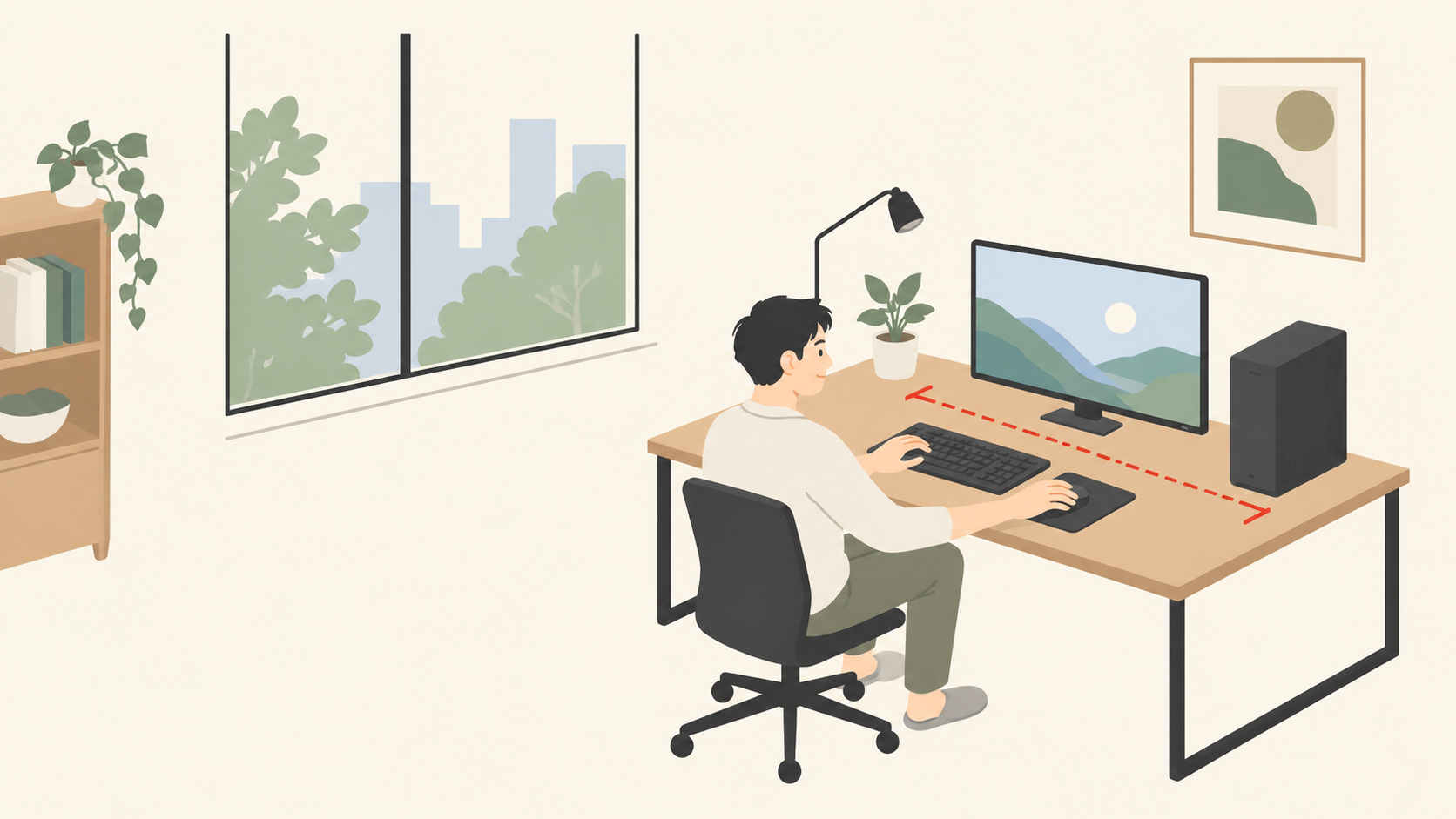 ゲーミングPCとモニターの設置場所を自宅で確かめる成人のイラスト