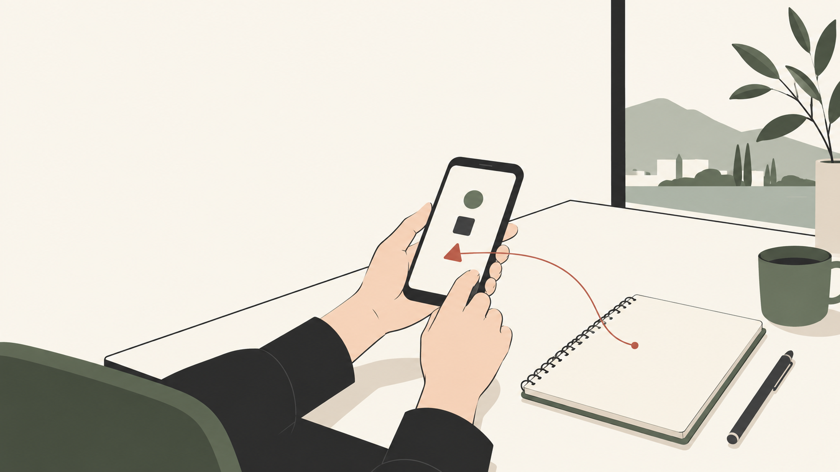 借りたスマートフォンで必要なアプリを確認しノートに記録するイラスト