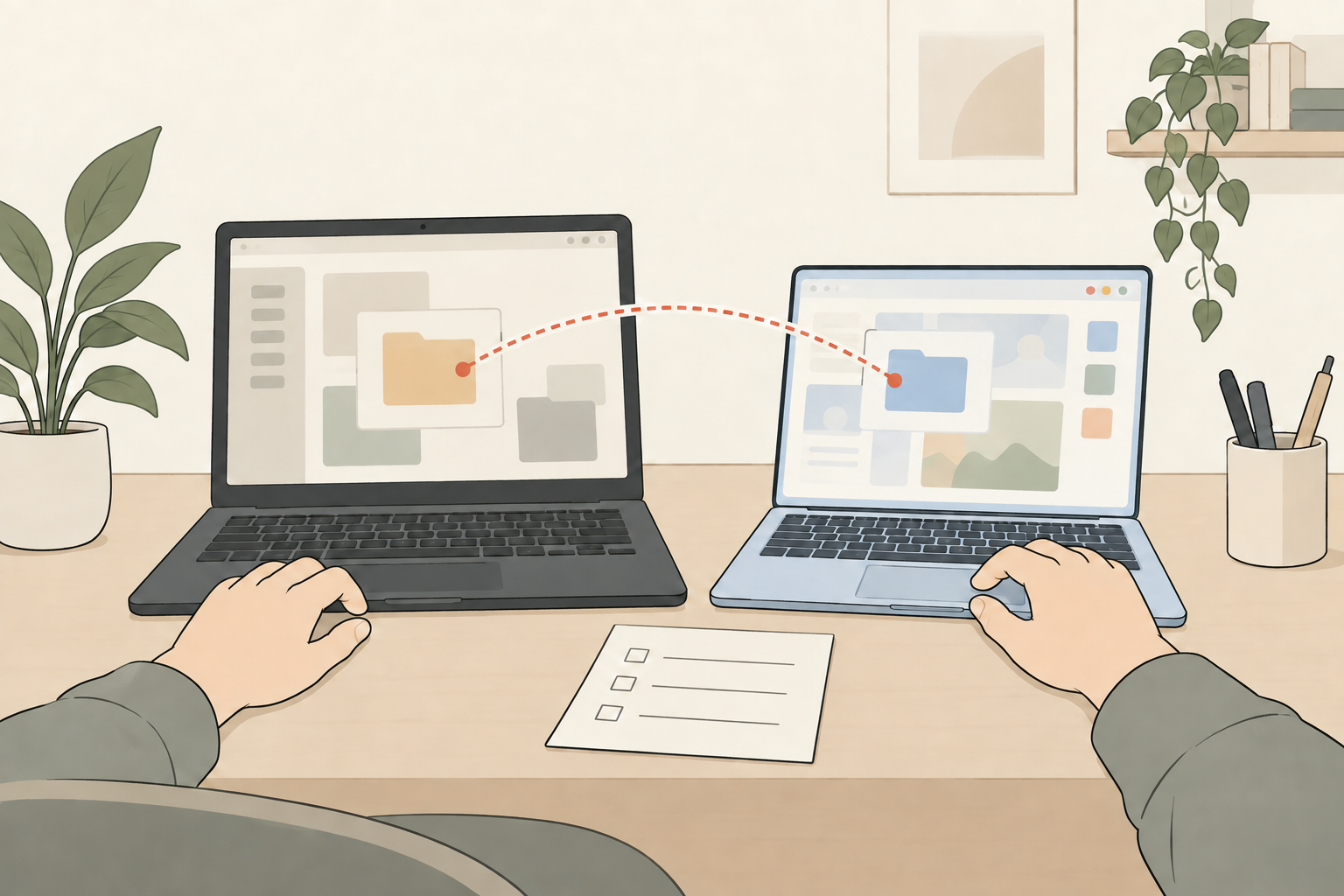 WindowsとMacのノートPCで同じファイルを開く準備をするイラスト