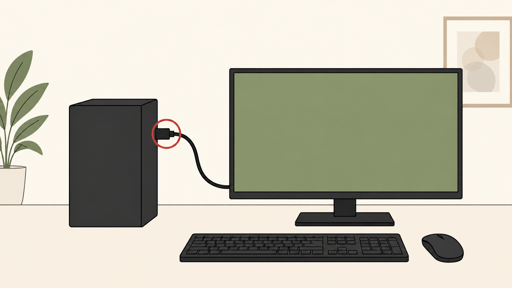 モニターとデスクトップ本体の接続端子と周辺機器を確認するイラスト