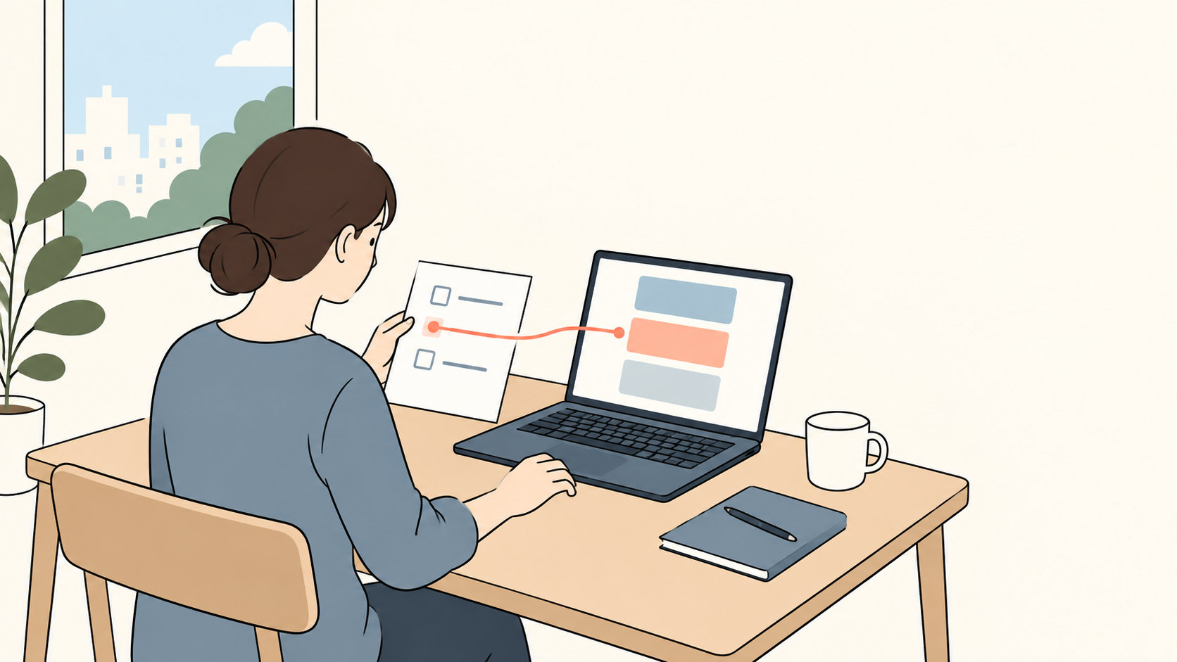 借りるノートPCで使うソフトとOfficeのアカウントを確認する場面のイラスト