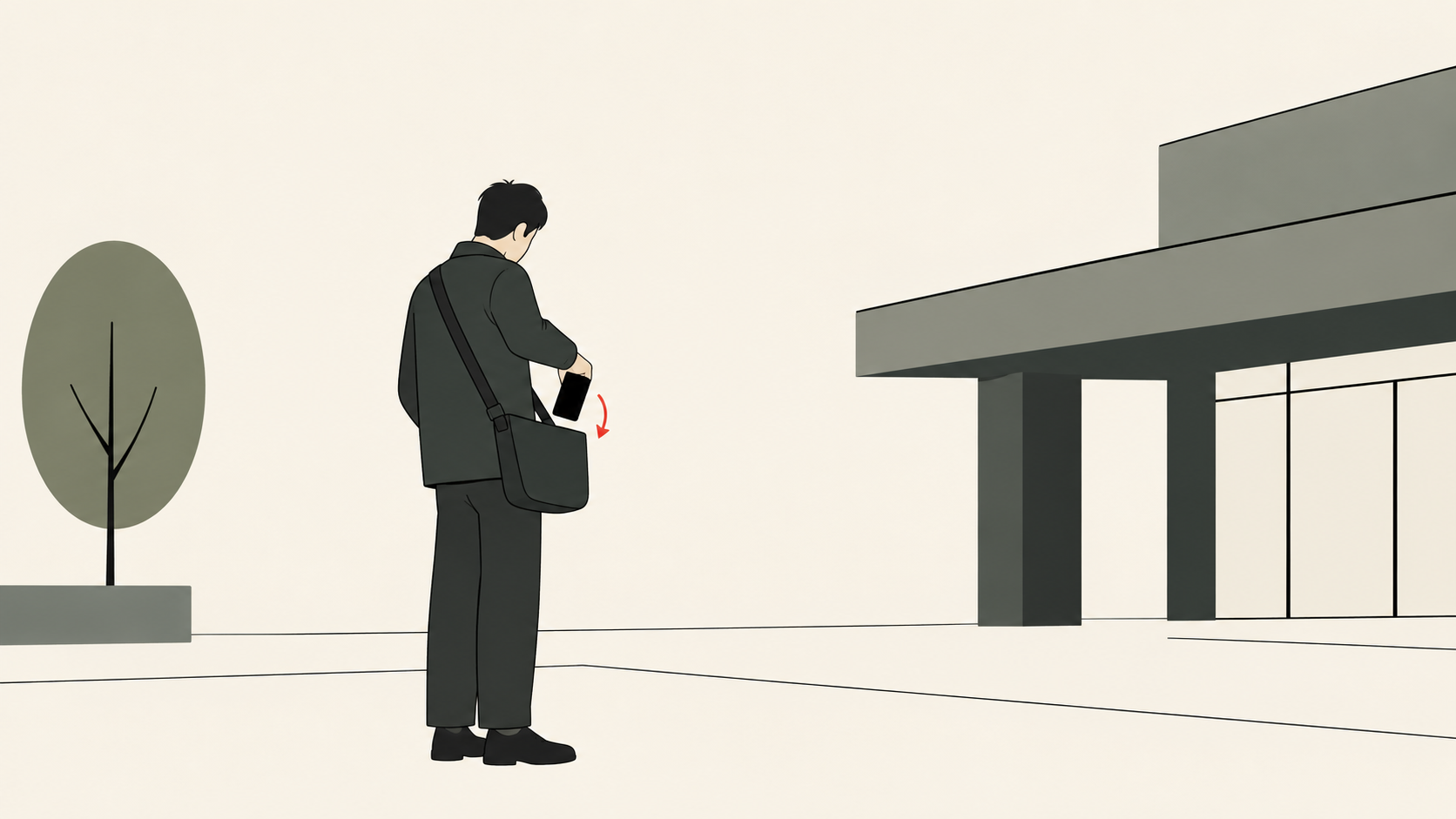 立ち止まってスマートフォンを普段のバッグに収める成人のイラスト