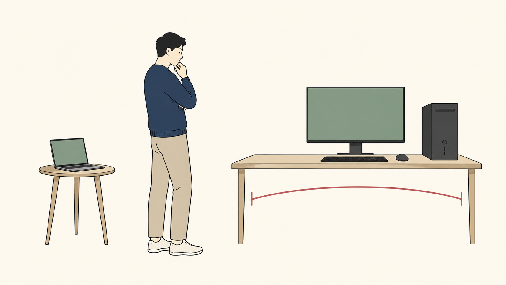 ノートPCとデスクトップの置き場所や必要な周辺機器を自宅で比較する成人のイラスト