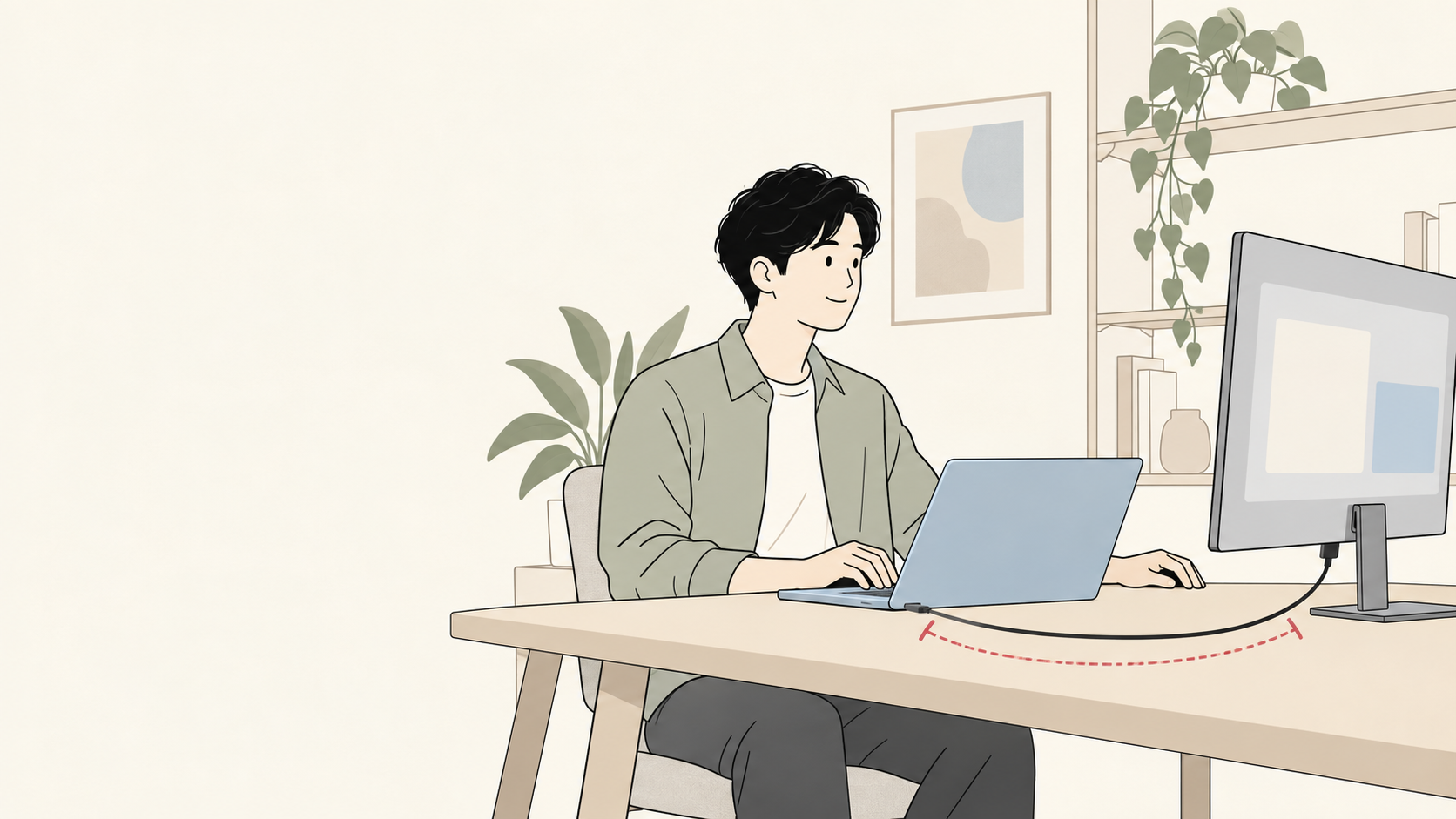 自宅のノートPCと外部ディスプレイでいつもの作業を確認する成人のイラスト
