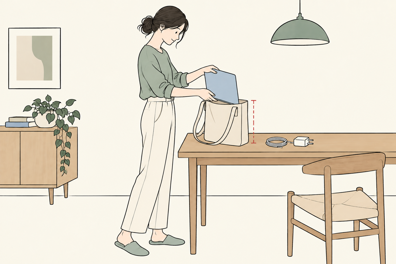 ノートPCを通勤バッグに収めて持ち運びの適合を確かめる成人のイラスト