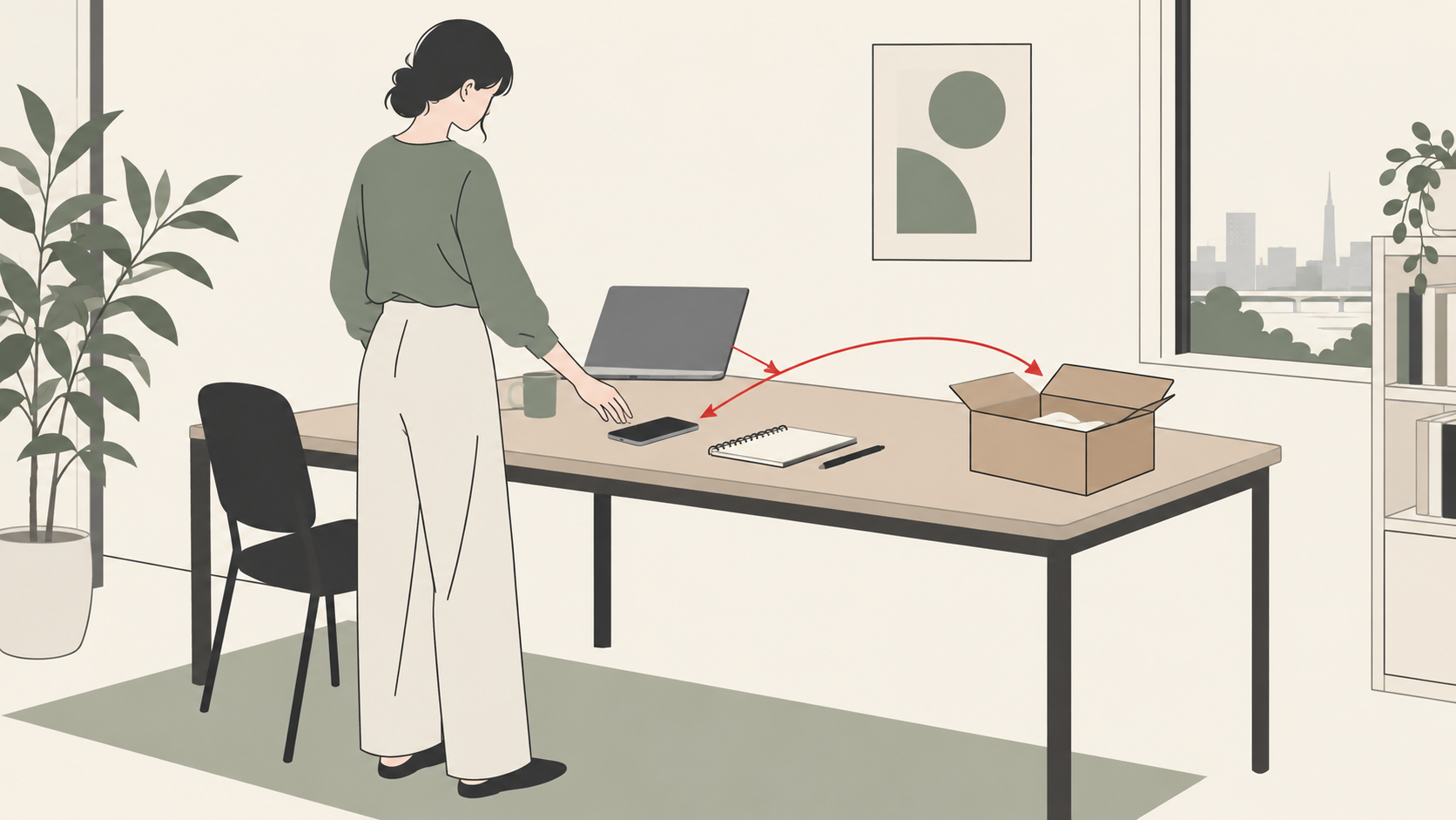 必要なデータを保存してからスマートフォンと付属品の返却準備をするイラスト