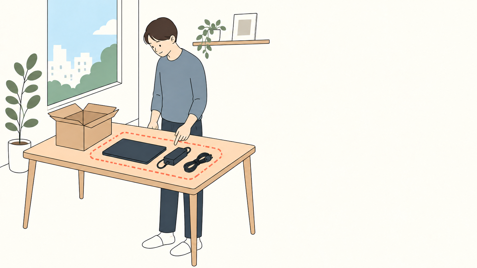 返却前にノートPCとACアダプター・電源ケーブルを机で確認するイラスト