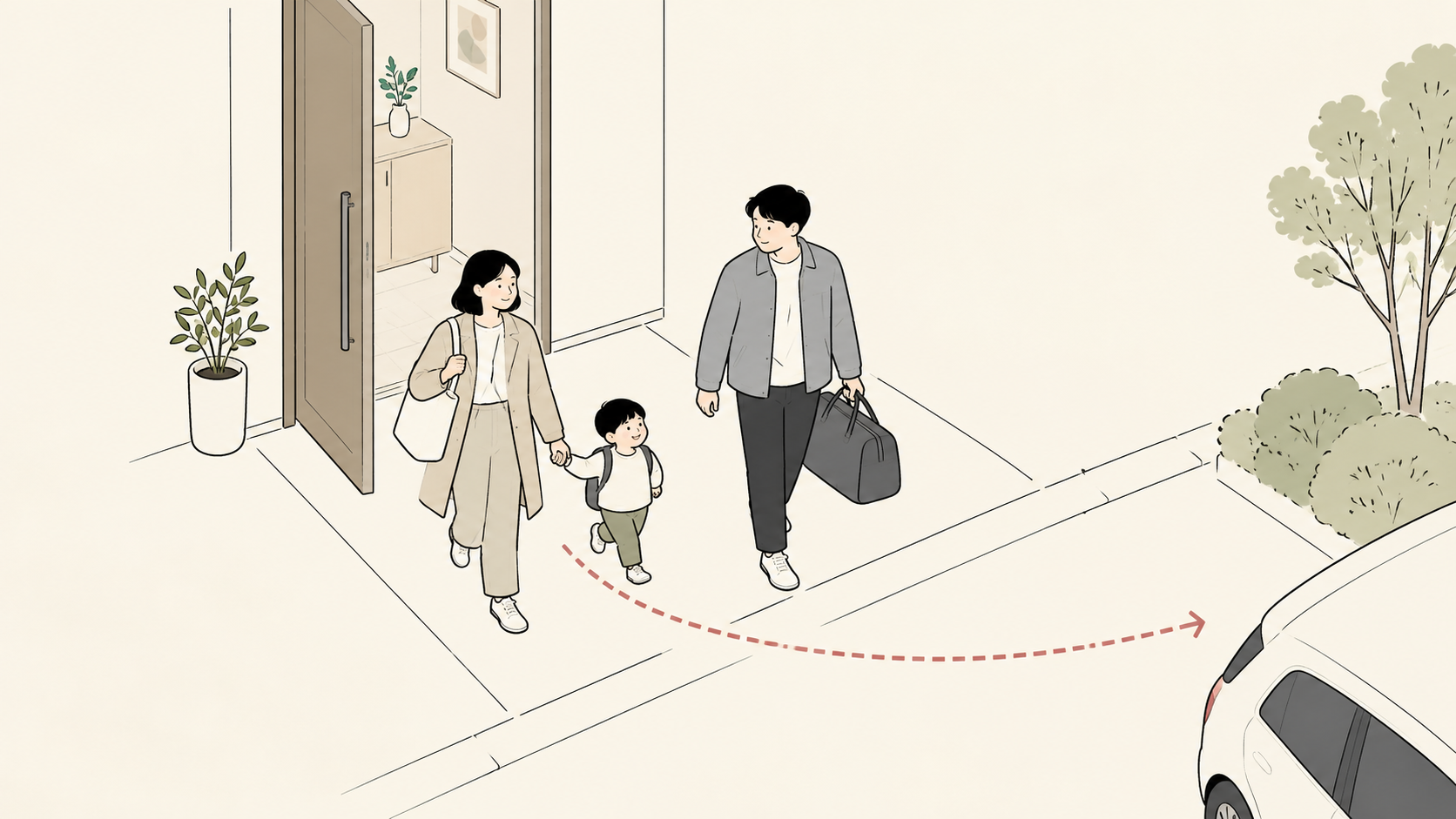 子と荷物の担当を分けて自宅から出発する家族