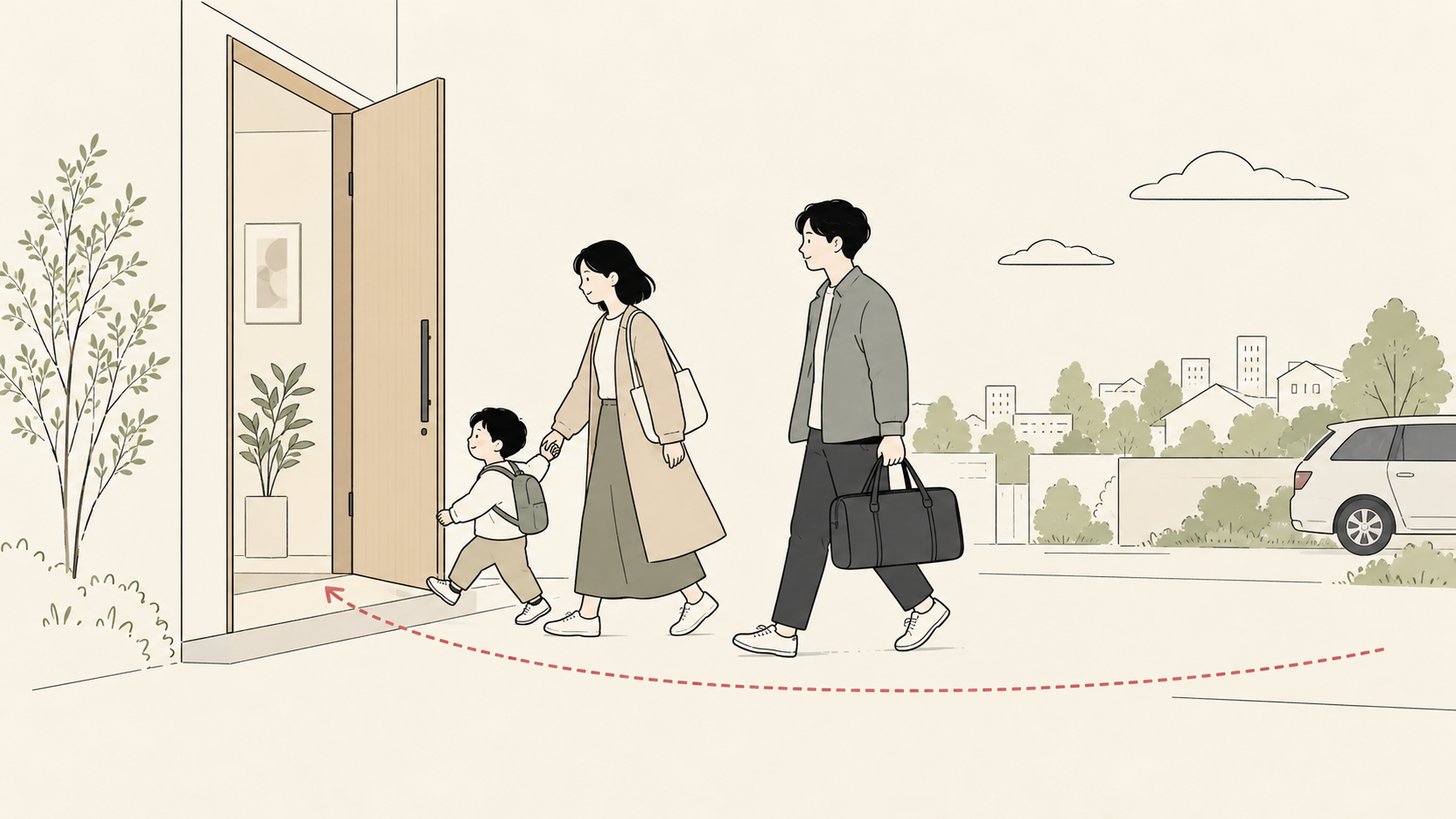 一人が子と手をつなぎ、もう一人が主な荷物を持って帰宅する家族のイラスト