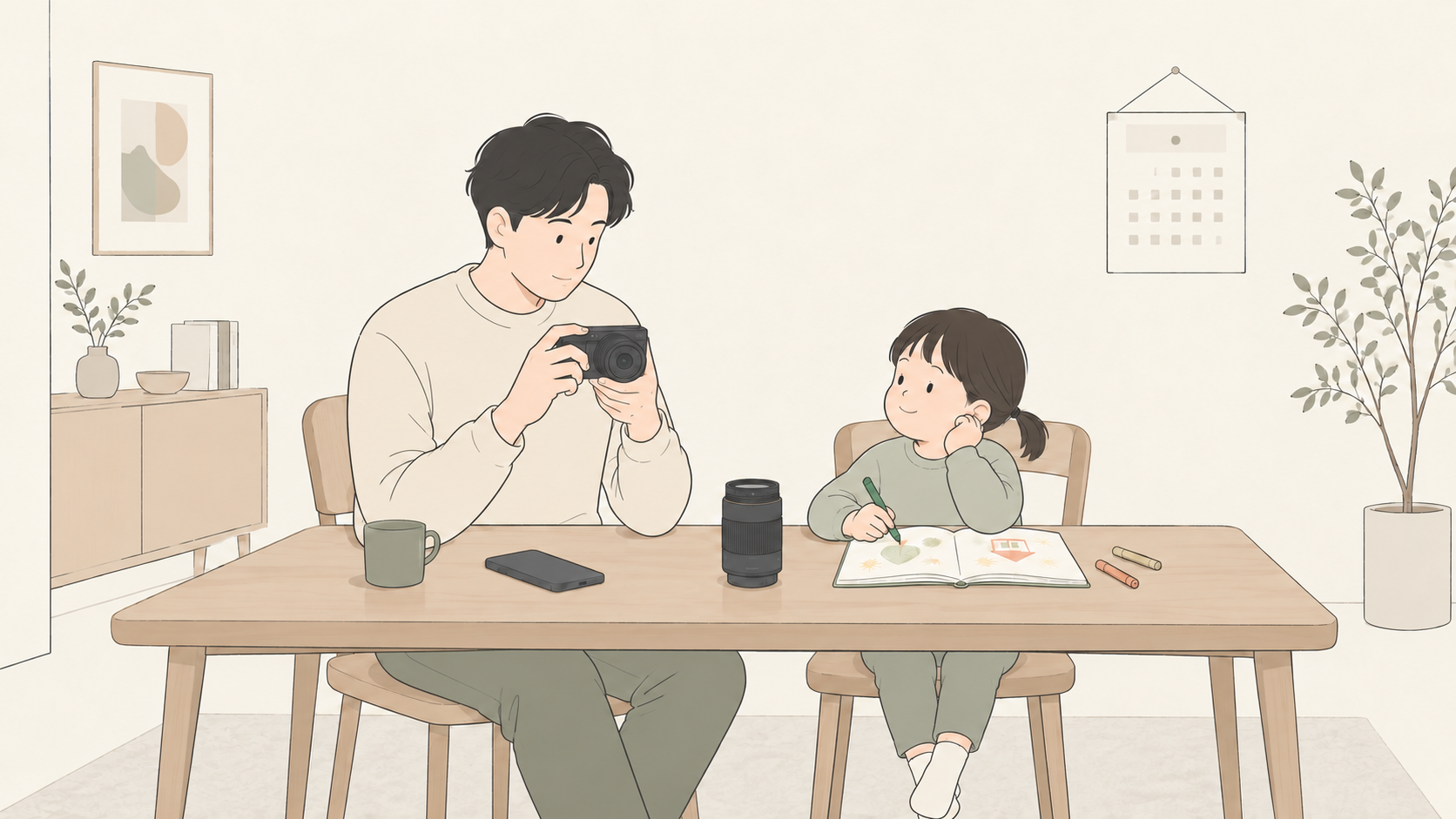カメラとスマホの写真を見返す親と子のイメージ