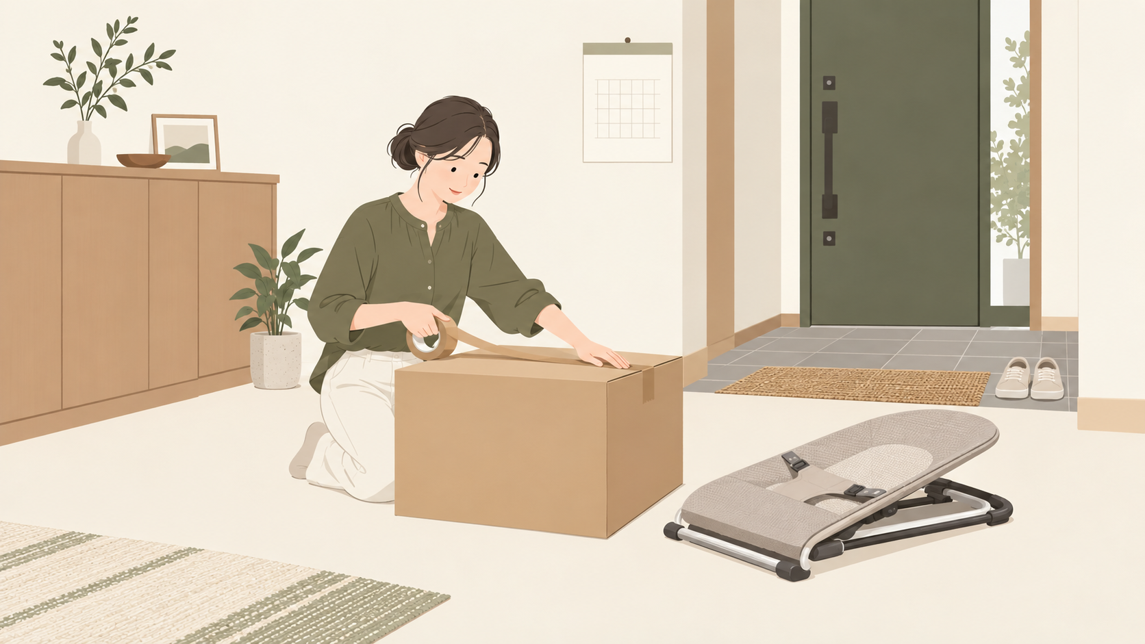 自宅の玄関で、折りたたんだバウンサーと返却用の箱を用意して梱包する場面