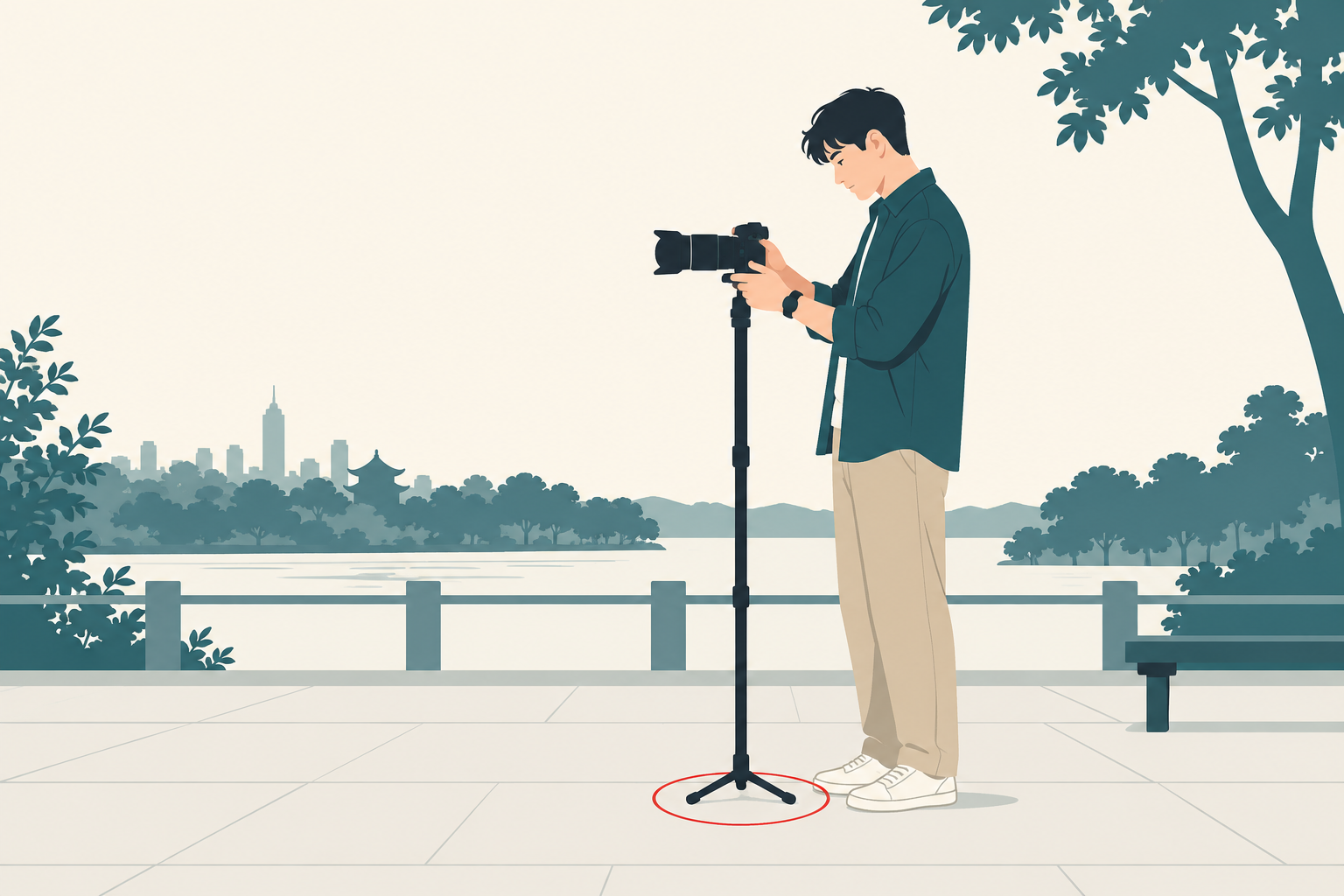 小さな自立脚付き一脚のカメラを支えたまま脚元を確認する成人