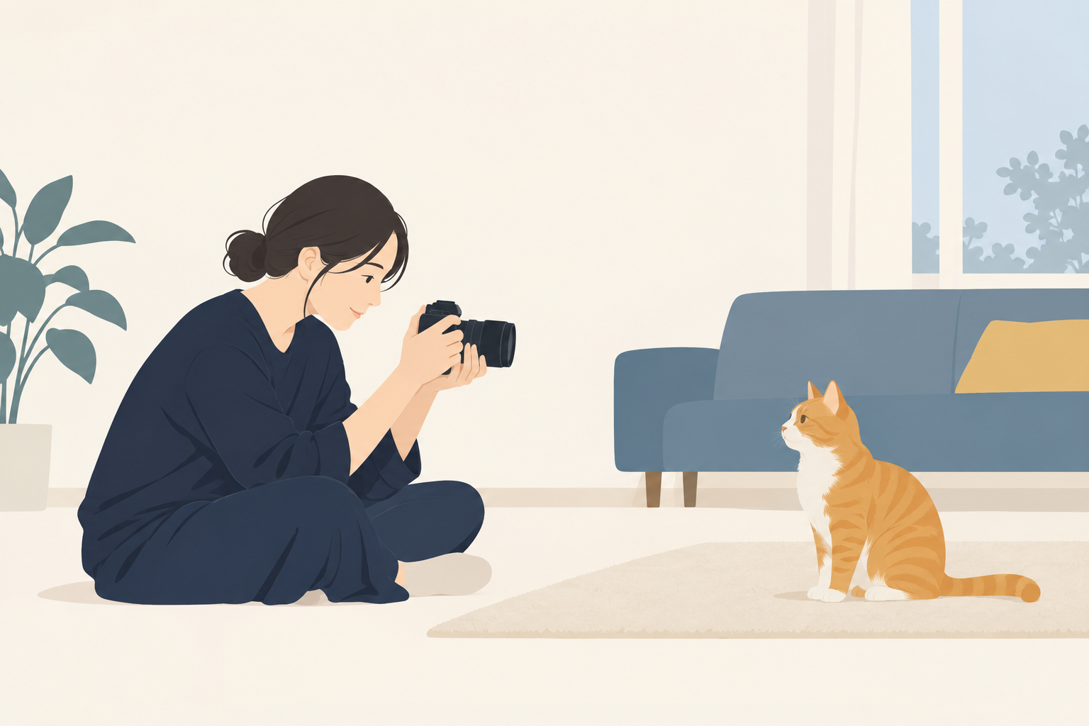室内で低い目線から犬猫をカメラで撮る人のイメージ