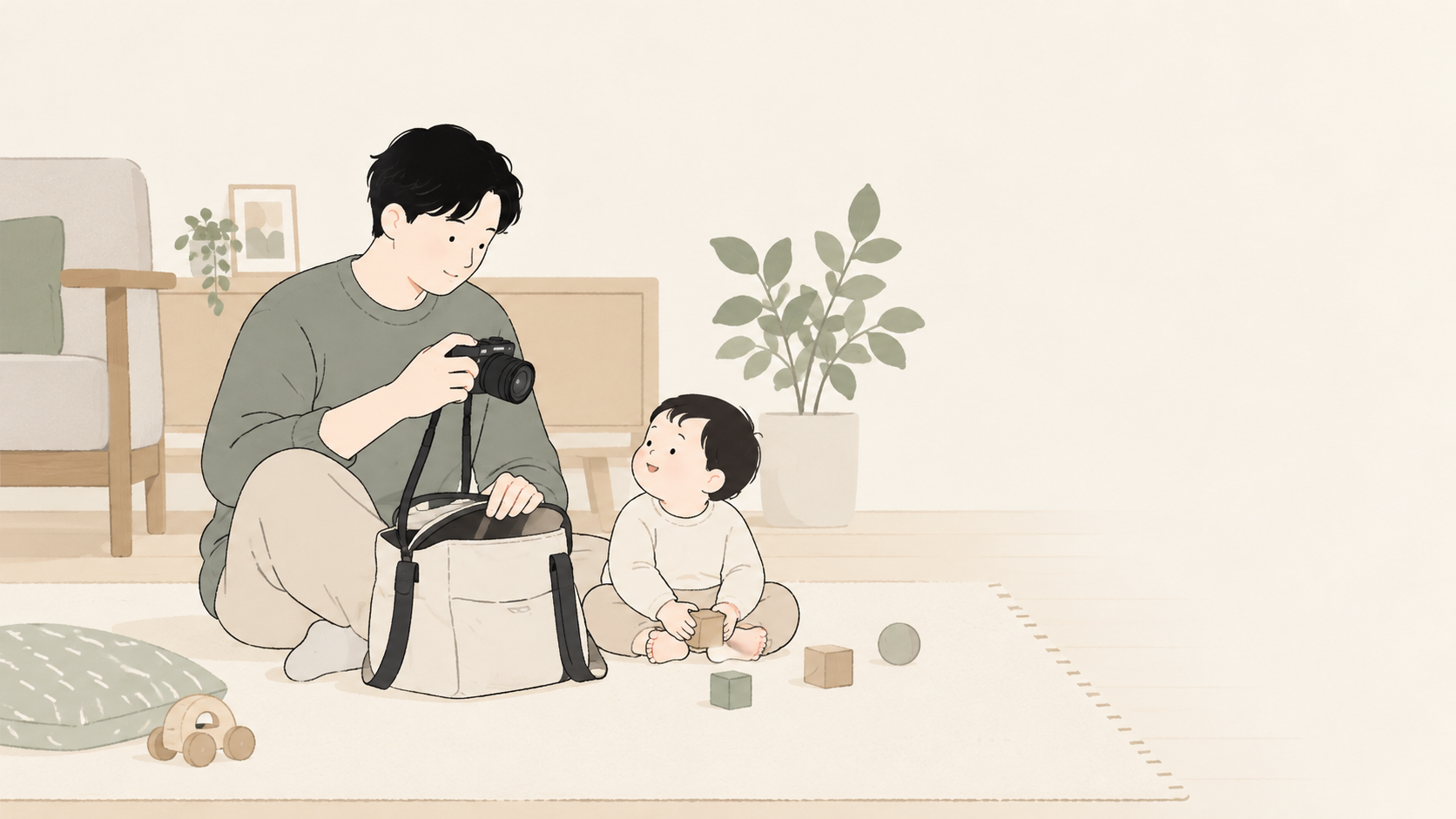 子どもの近くでカメラを試し、普段持つバッグと一緒に使い勝手を確かめる場面のイラスト