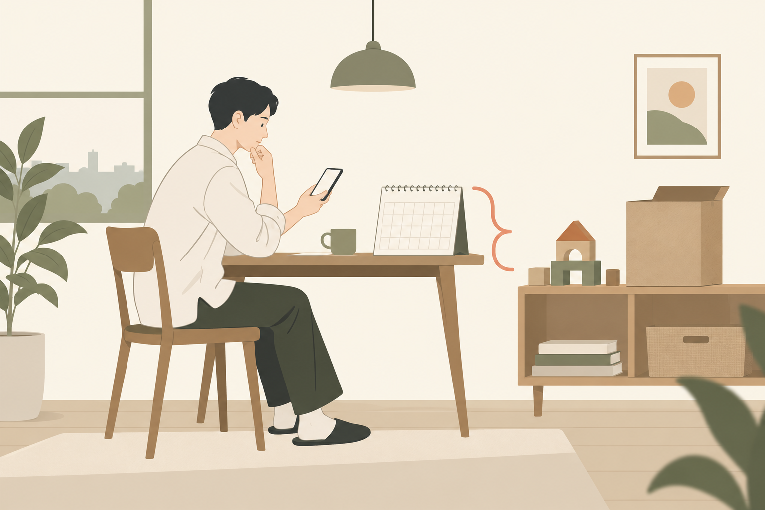 おもちゃを一つ選び、配送先とカレンダーを見ながら利用予定を考える大人のイラスト