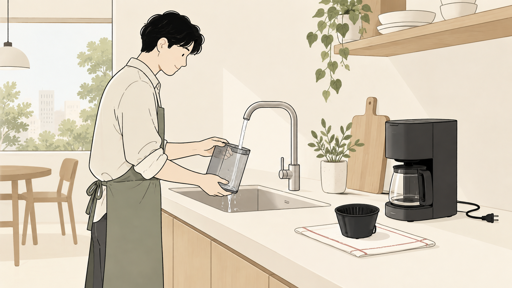 冷めたコーヒー機器の部品を台所で洗い、乾かす場面