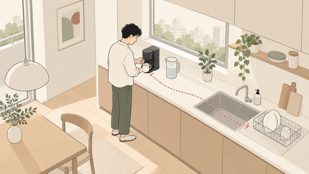 自宅の台所でコーヒーを用意し、給水と片付けの場所も確かめる成人