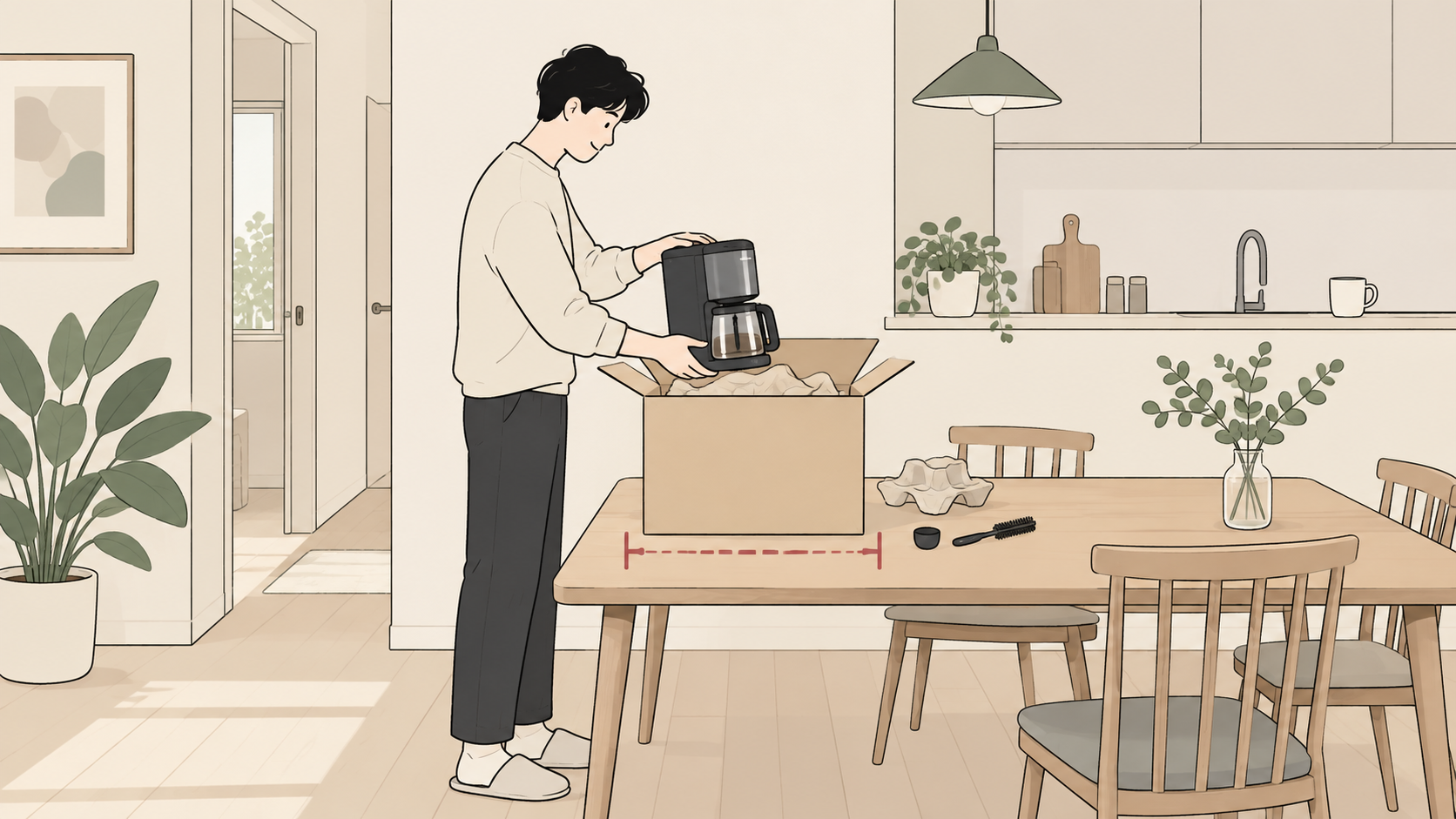 乾いたコーヒー機器と付属品を自宅で元箱へ戻して返送準備する成人