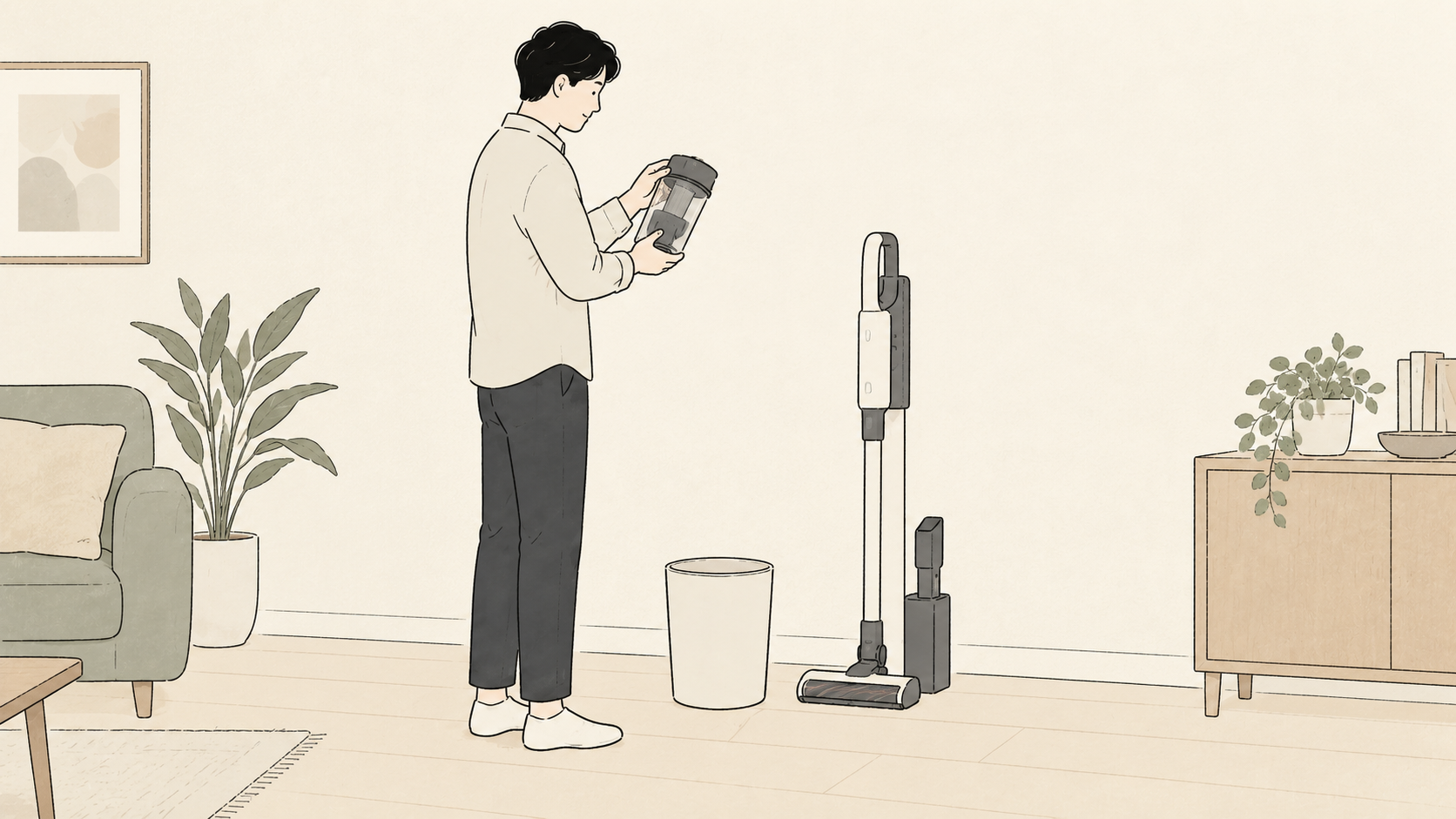 掃除後にゴミ捨てと収納の手間を確認する場面