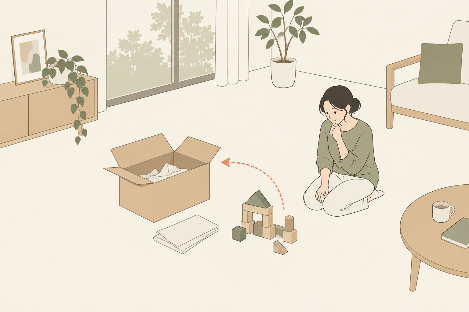 木のおもちゃと返却用の箱を見てレンタルを検討する場面のイラスト