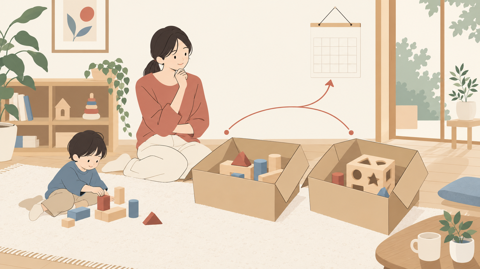 家庭で玩具とお届け間隔を考える親子のイメージ