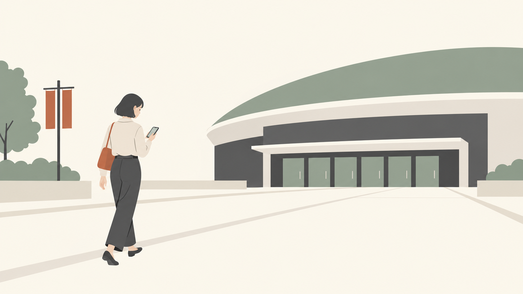 会場へ向かい撮影用スマホを準備する成人のイラスト