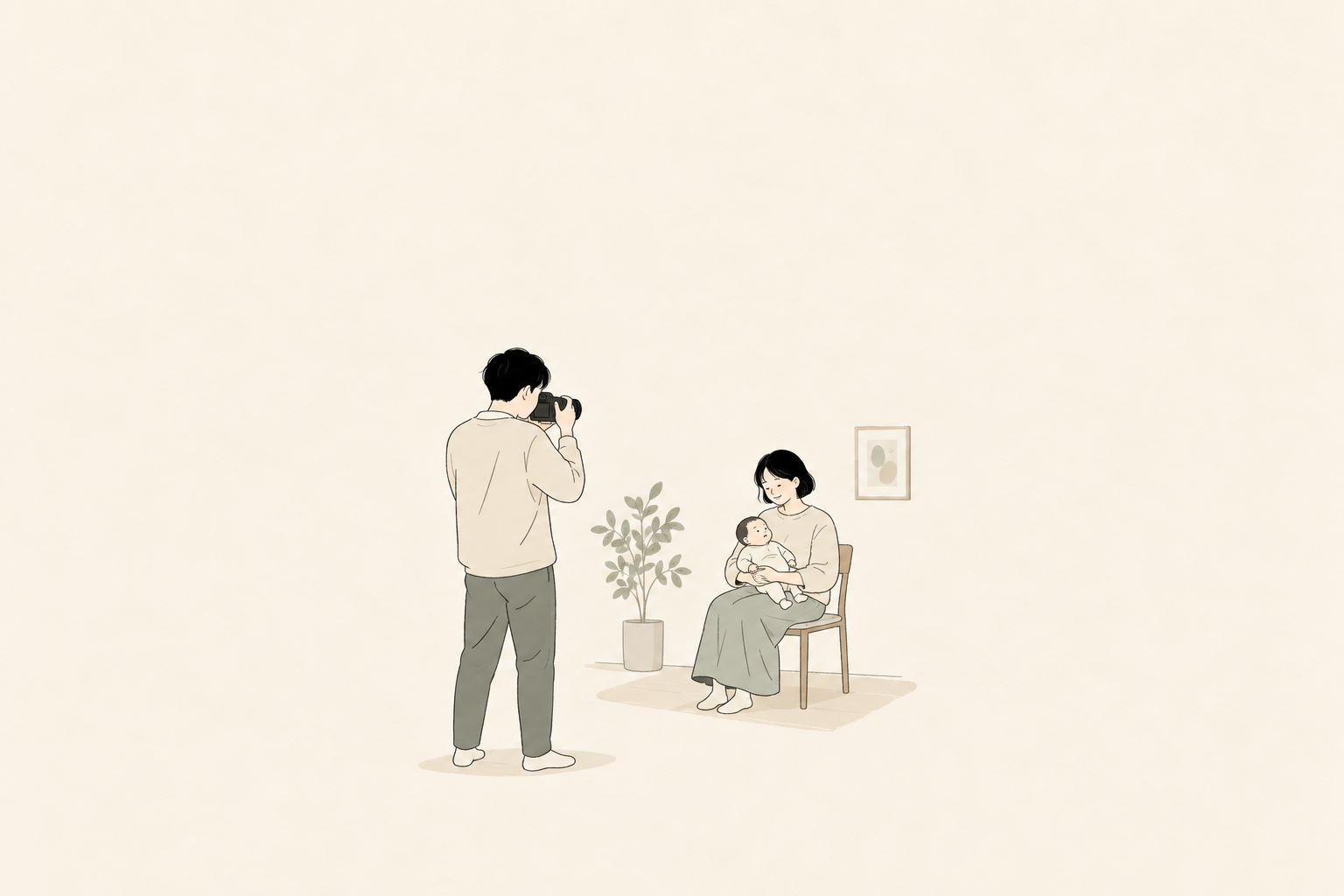 家で親子を撮影する場面のイラスト