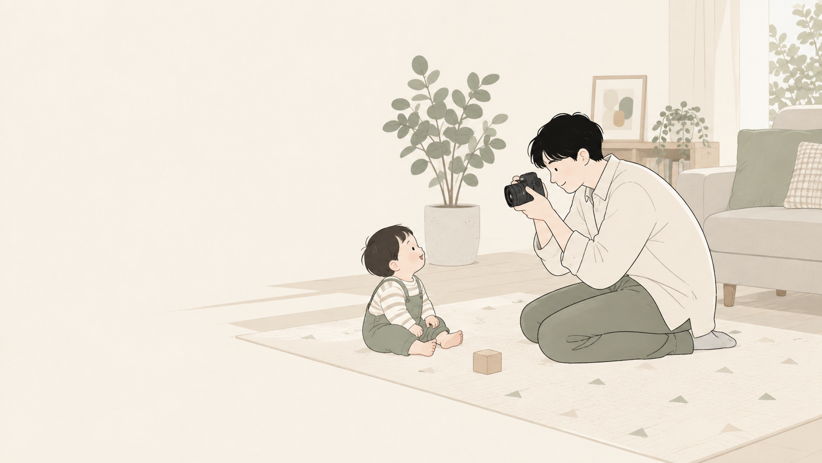 子どものすぐ近くからカメラを構える親のイラスト