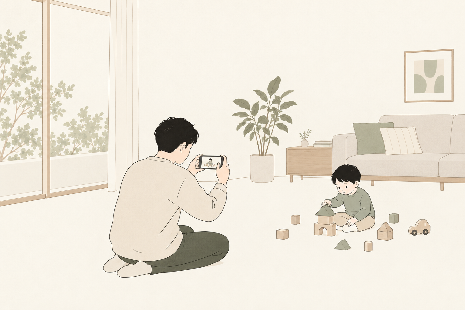 室内で遊ぶ子どもをスマホで撮る親のイラスト