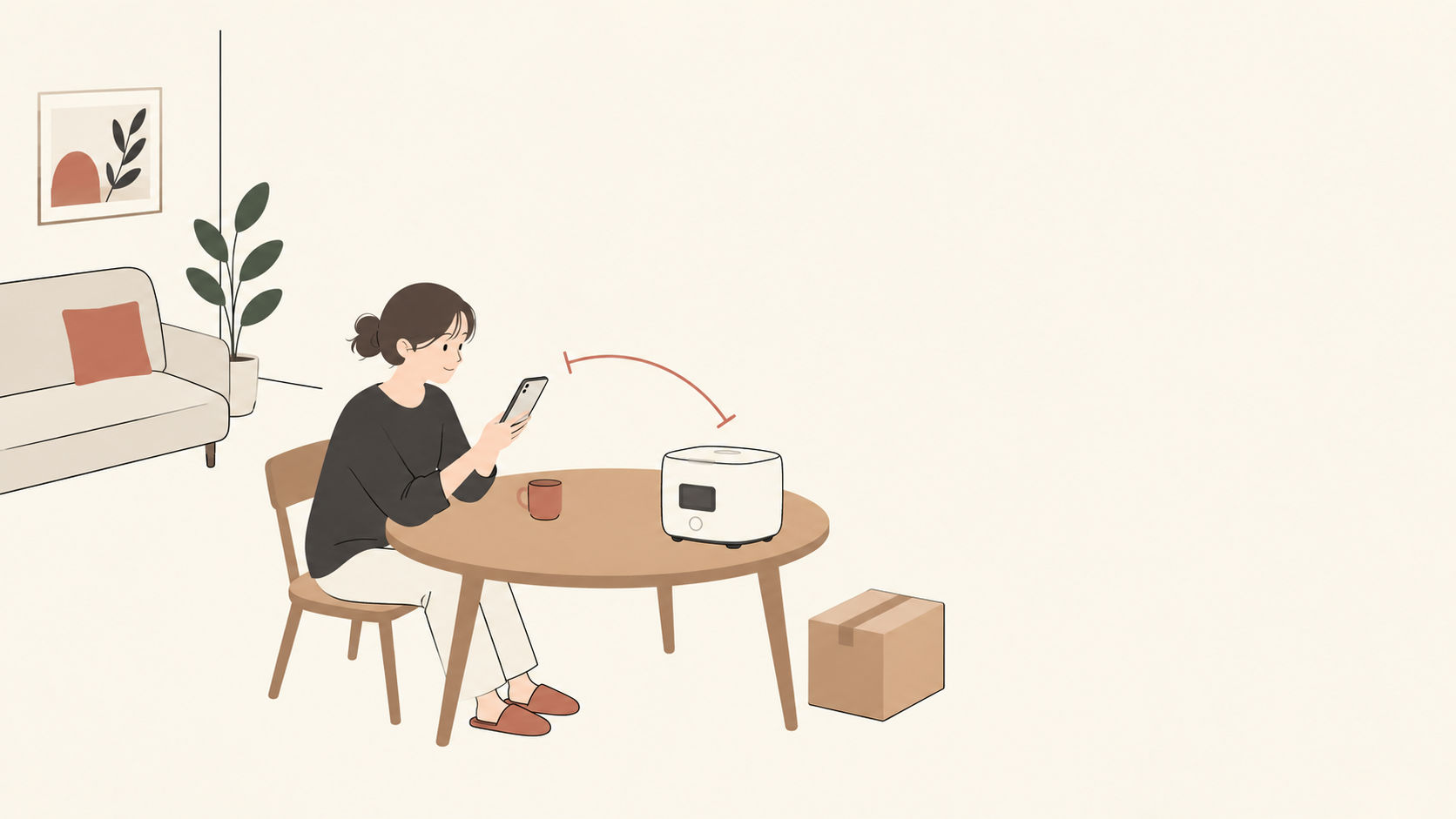 自宅でスマホと家電を試す成人のイラスト