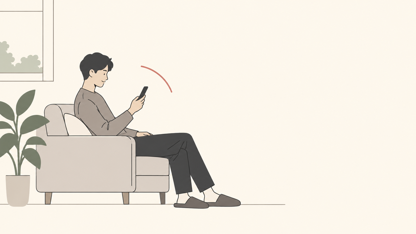 自宅のソファでレンタルスマホを日常の使い方で試す成人のイラスト