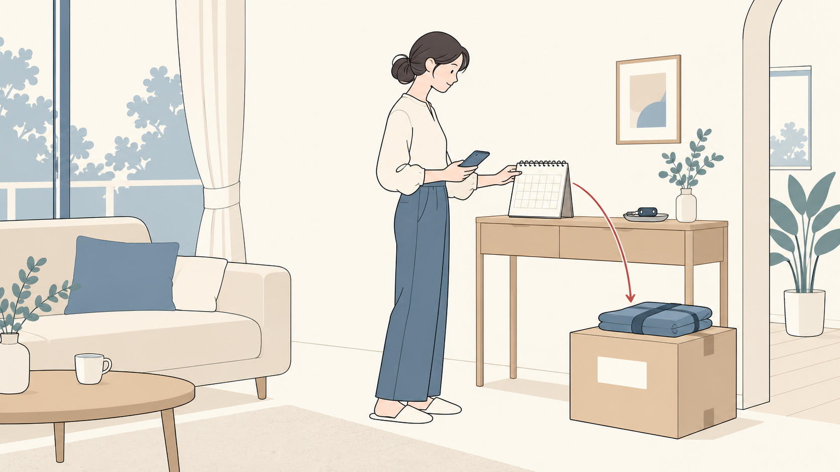 自宅で予定表を見ながら返却の手配をする家族
