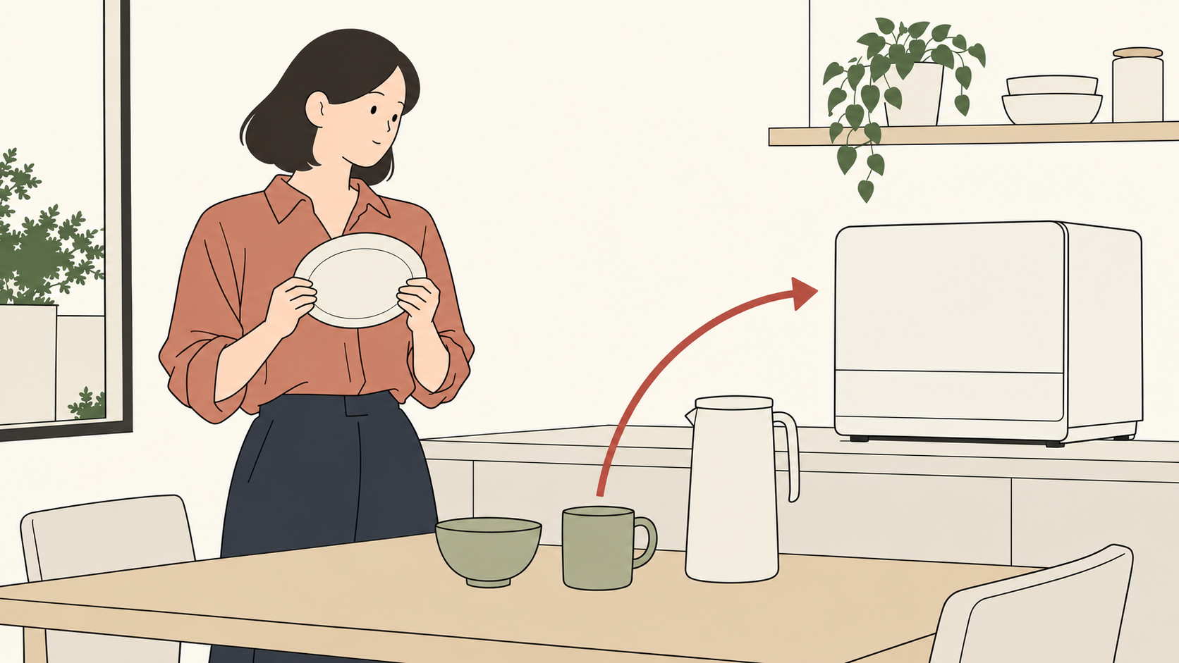 普段使う皿や茶碗と給水カップを見ながら食洗機の日々の作業を考えるイメージ